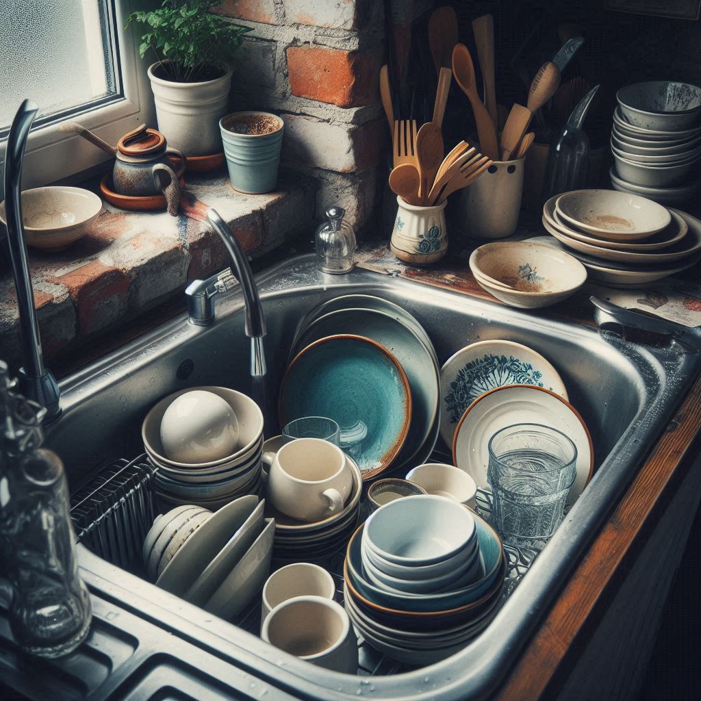 Dirty dishes in sink signifying the overwhelm a woman feels from basic daily tasks in menopause