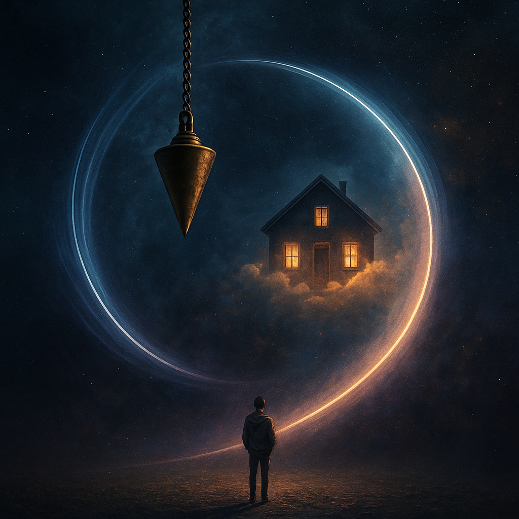Stylized image of a person, a house they desire, and a pendulum