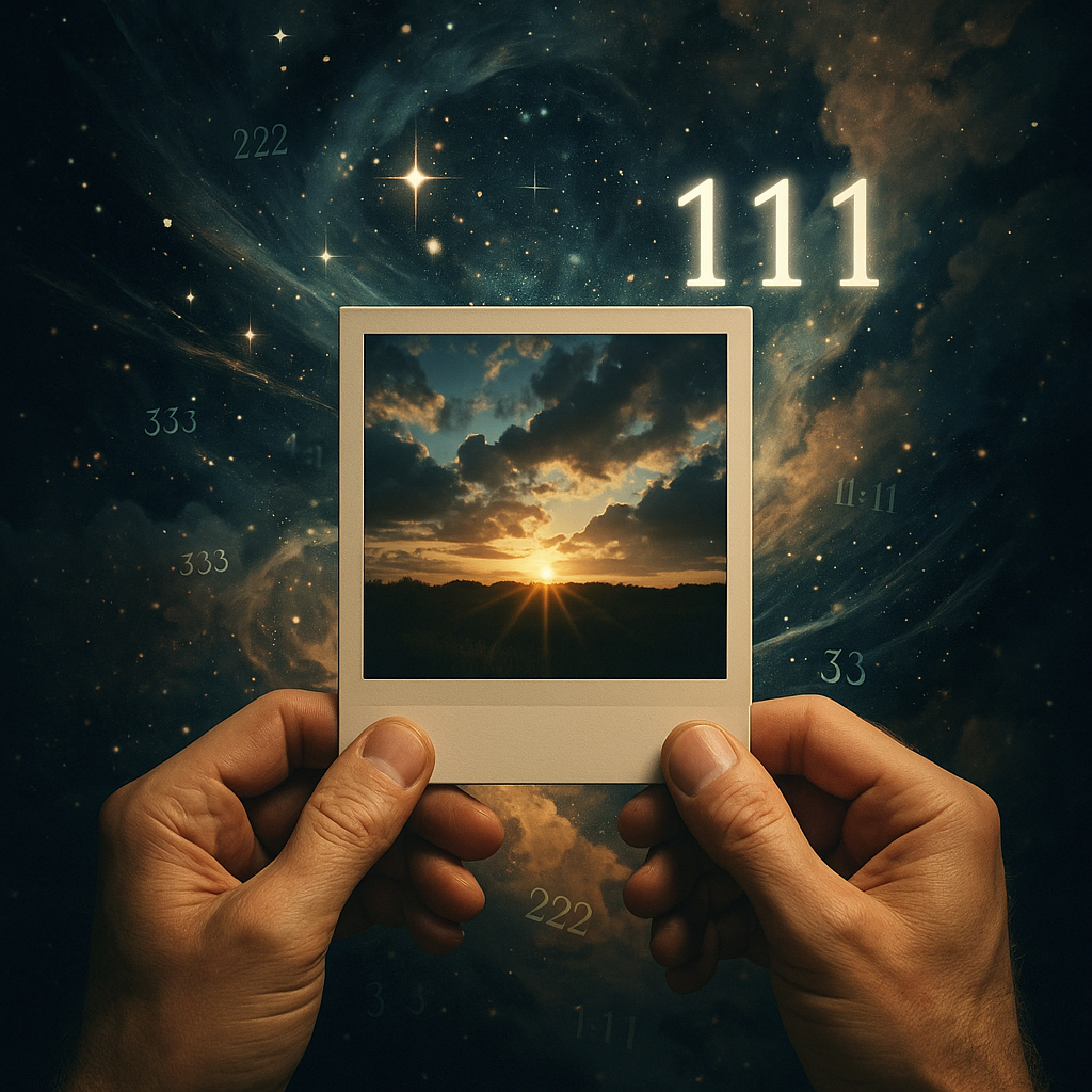 2 hands holding a polaroid photo. In the background a dark blue sky with repeating numbers like 11:11
