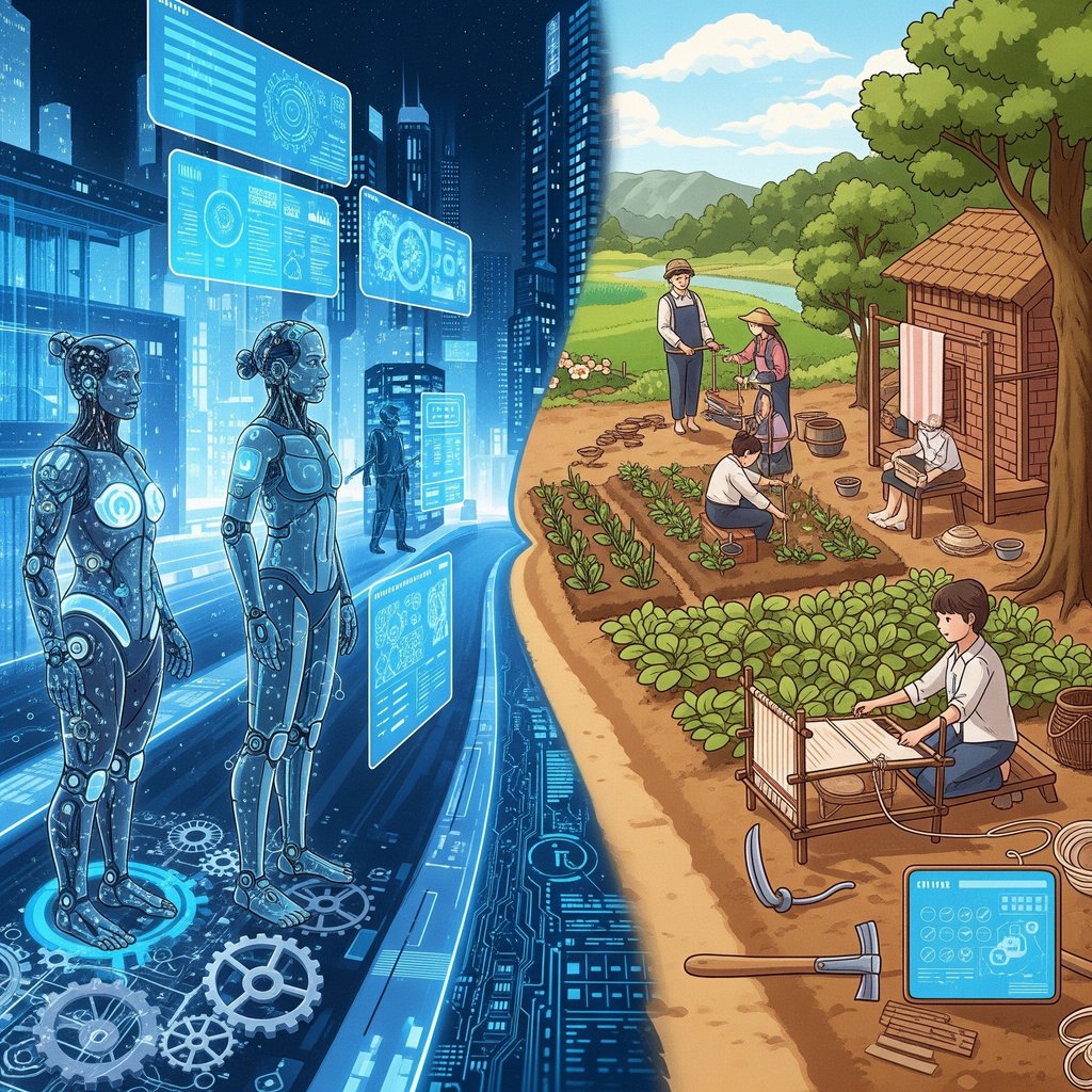 A la izquierda robots humanoides y en la derecha personas labrando la tierra. Contraste entre tecnología y naturaleza.