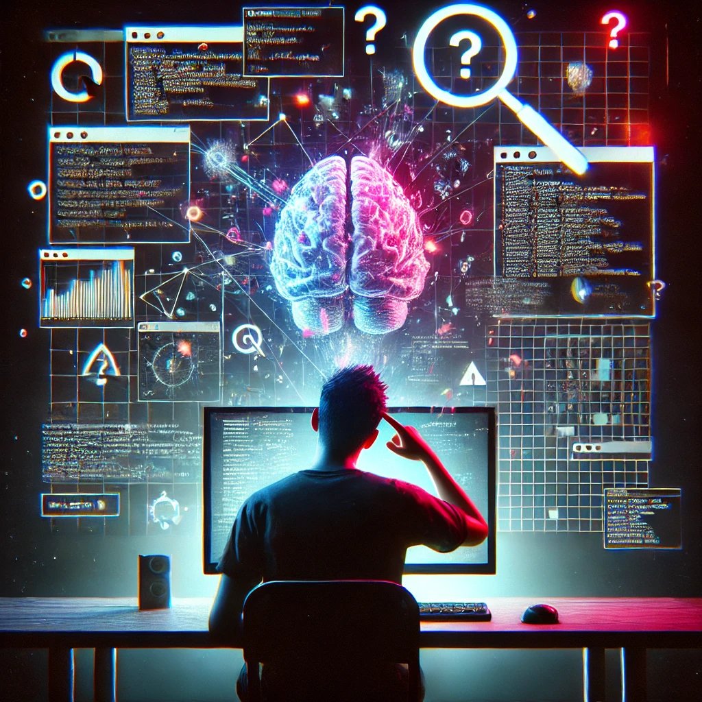 Persona confundida frente a un ordenador que muestra información caótica de IA.