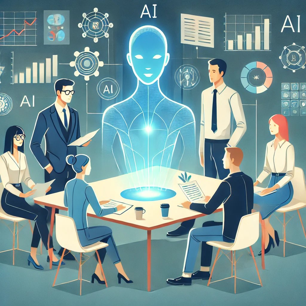 Equipo de profesionales colaborando con una IA representada como un holograma.