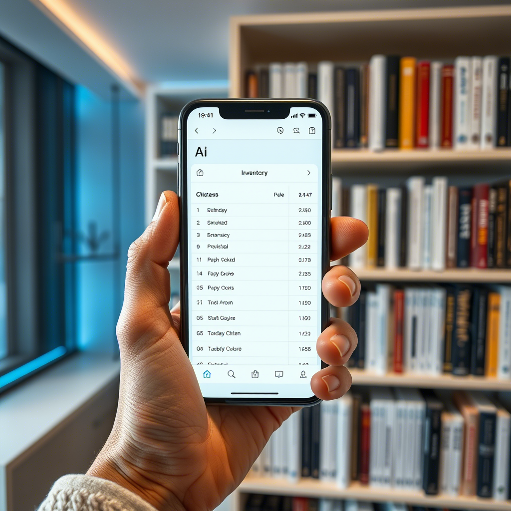 Persona usando un smartphone con una IA para escanear y catalogar los libros de una estantería.