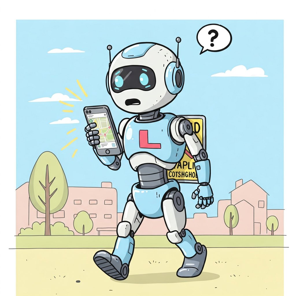 Robot mirando un smartphone al revés sin entenderlo. Lleva una L de prácticas.