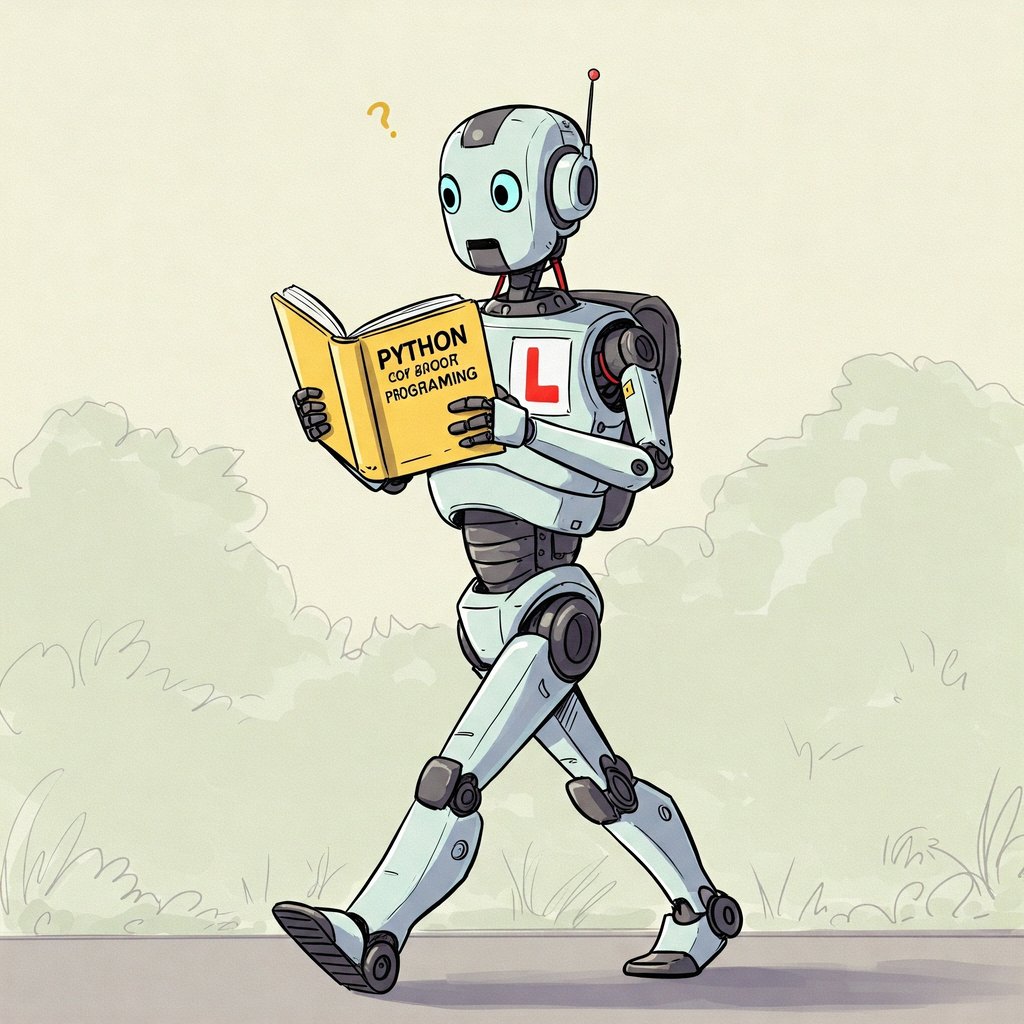 Robot hojeando un libro de Python sin entenderlo. Lleva una L de prácticas.