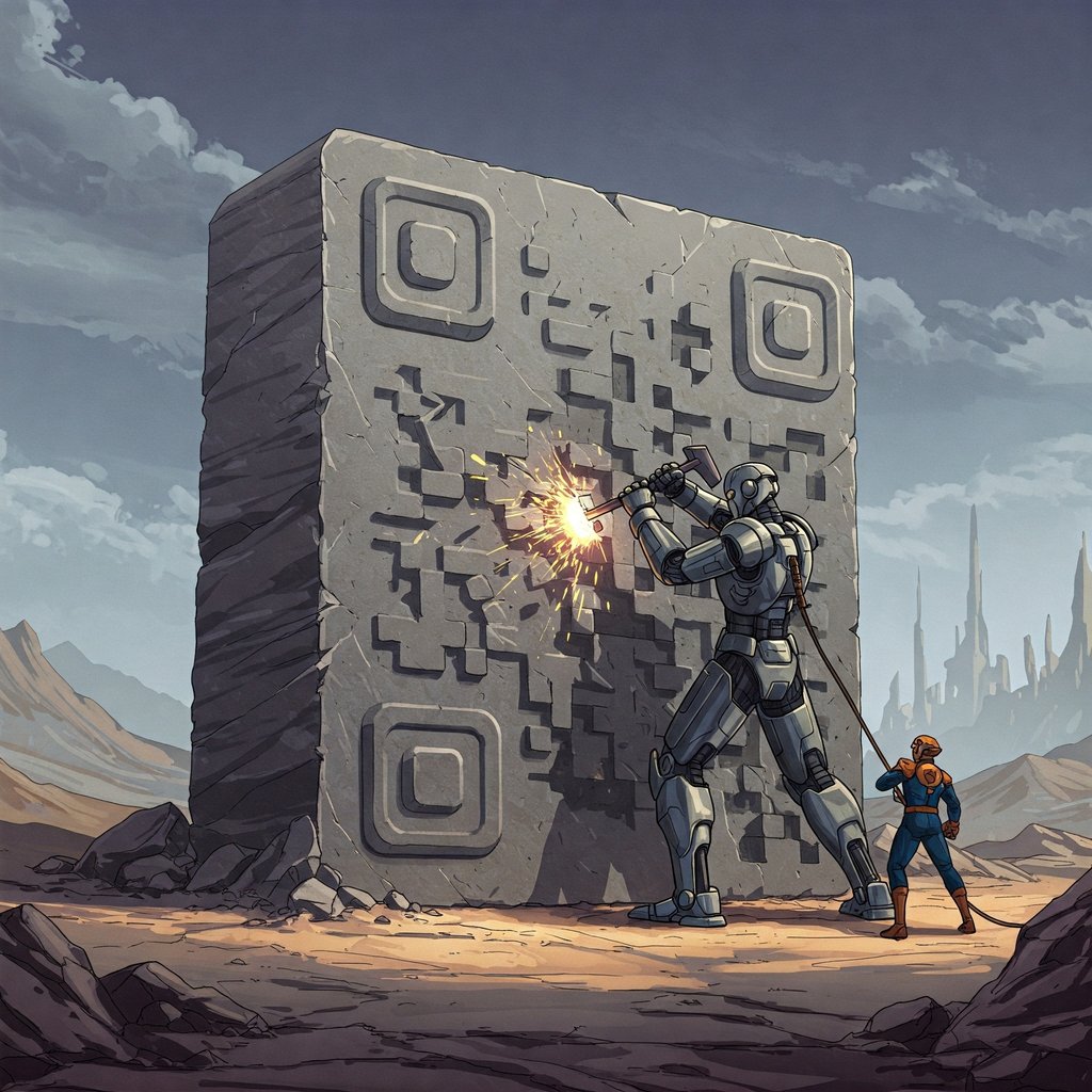 Robot humanoide gigante tallando en piedra un código QR.