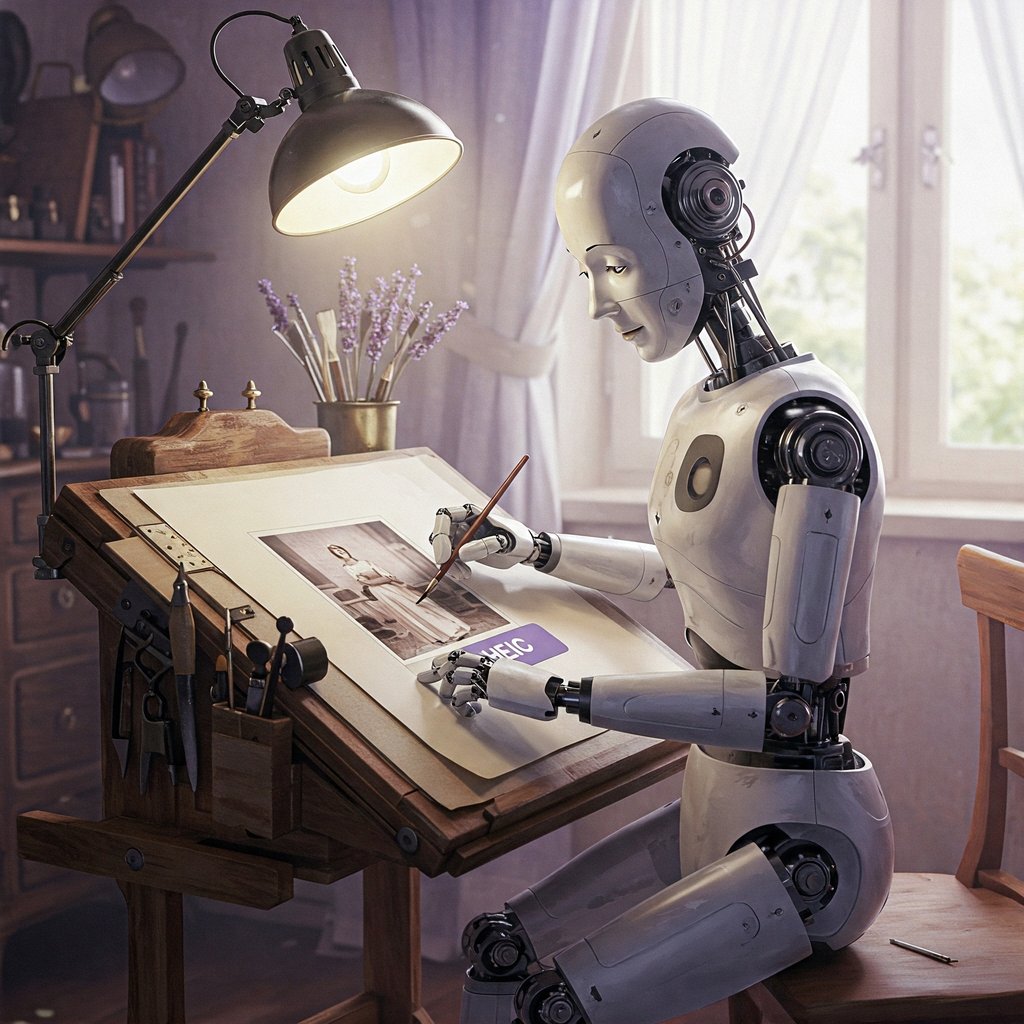 Robot humanoide reproduciendo una foto HEIC sobre una mesa de dibujo.