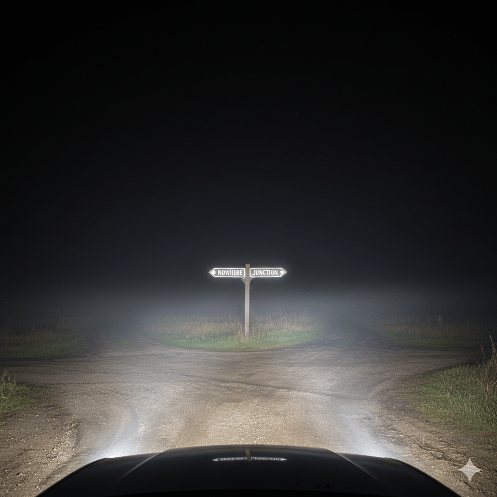 Es de noche y en un cruce de caminos los faros de un coche iluminan señales que no aclaran el camino a seguir.
