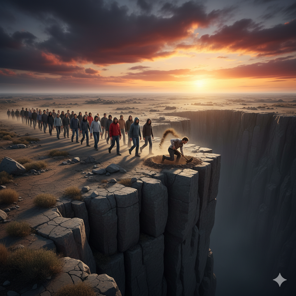 Una fila de personas caminando en fila hacia un precipicio. En el borde del precipicio una persona está cavando un agujero.