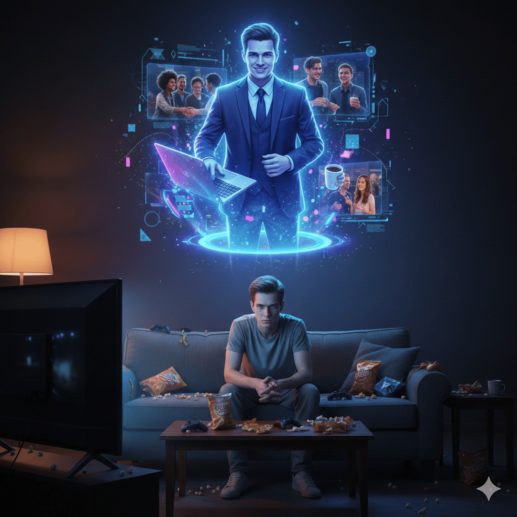 Hombre en sofá mientras su IA holográfica vive su vida social y laboral en su lugar.