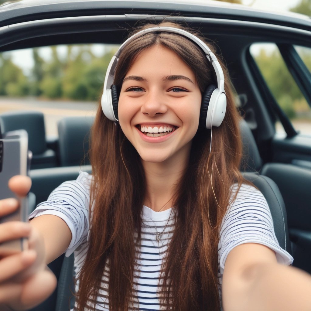 Niña haciendose un selfie para RRSS sonriendo con los cascos puestos