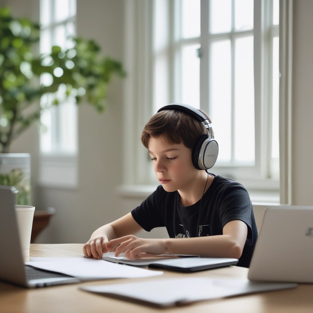 Niño de entre 8-10 años con auriclares puestos y escribiendo en el laptop