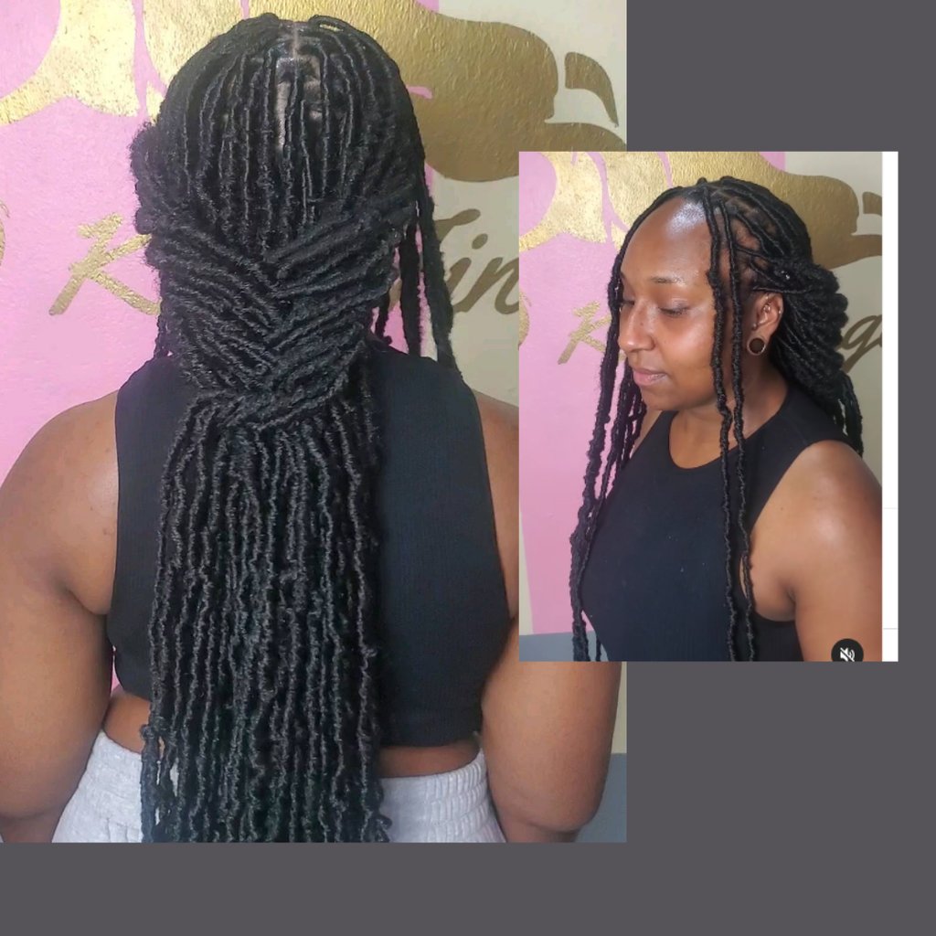 A woman with long, neatly styled faux locs, flowing effortlessly down her back. The smooth, well-crafted locs create a sleek
