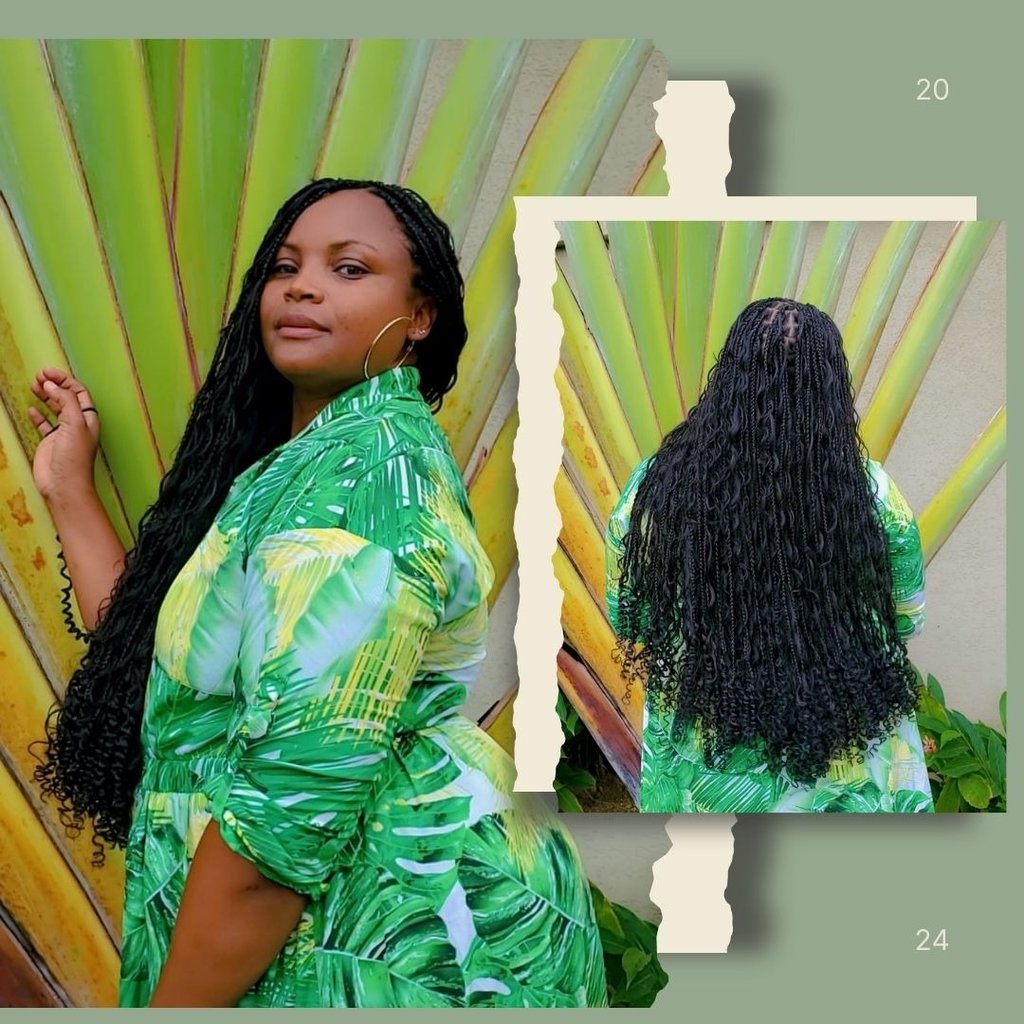 Stylish tribal braids with curls professionally done at Kwik Fingaz Beauty Salon in Montego Bay.