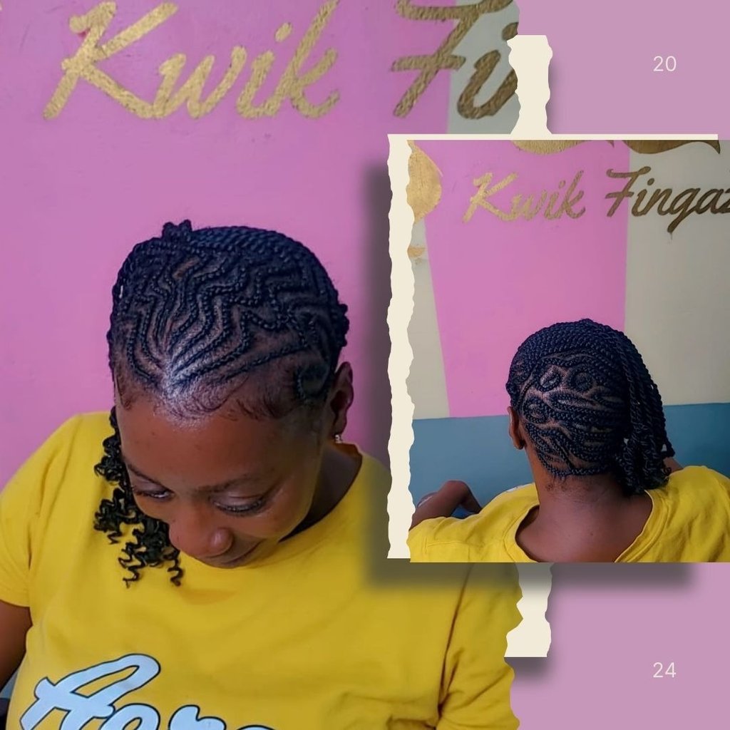 client rocking natural hair styled with sleek side cornrows at Kwik Fingaz Beauty Salon in Montego Bay.