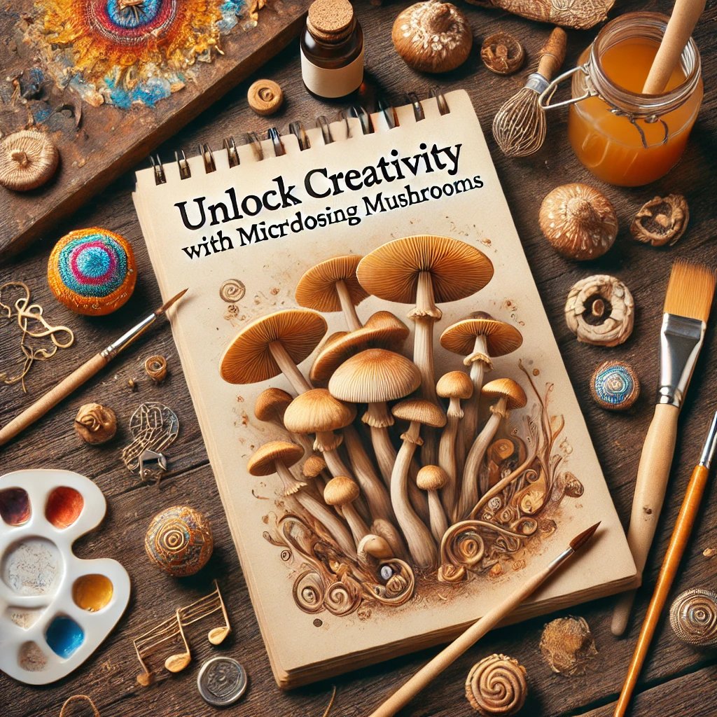 Artistic composition featuring a sketchbook with mushrooms growing from its pages, surrounded by pai