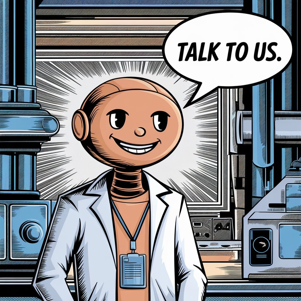 Illustration of a robot with the blurb "talk to us"