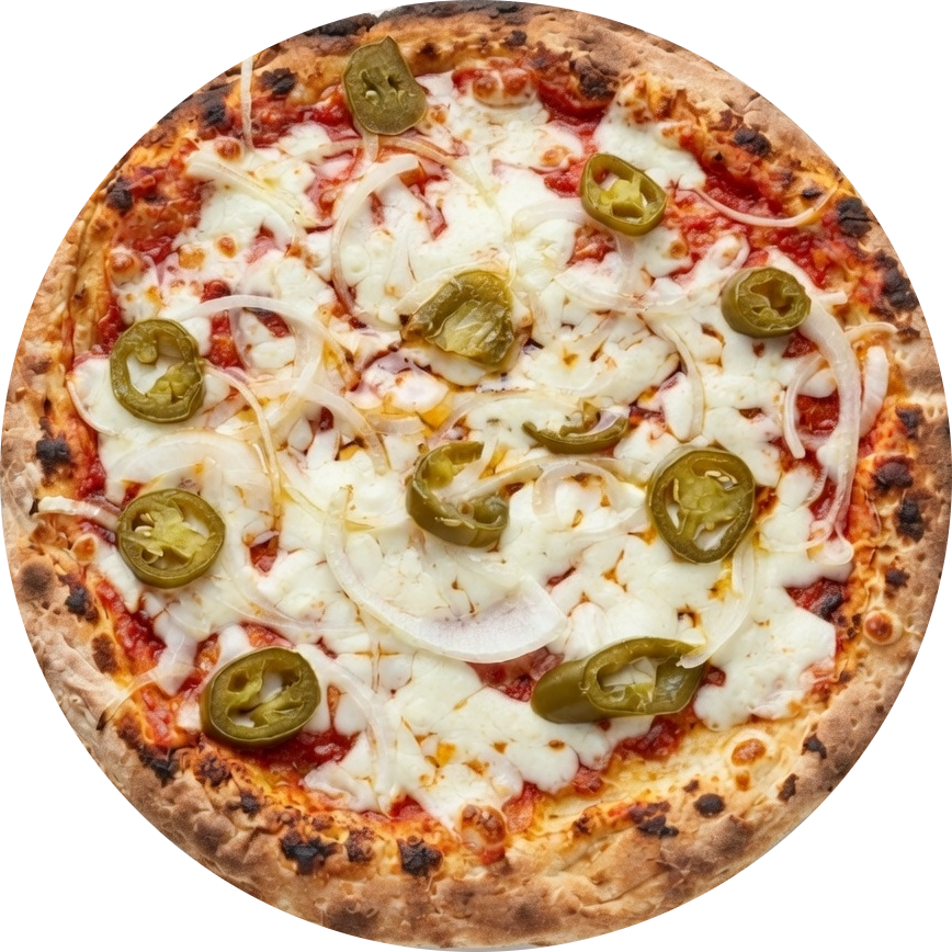 Freshly baked spicy pizza with melted mozzarella cheese, sliced onions, and green jalapeños on a thin crust.