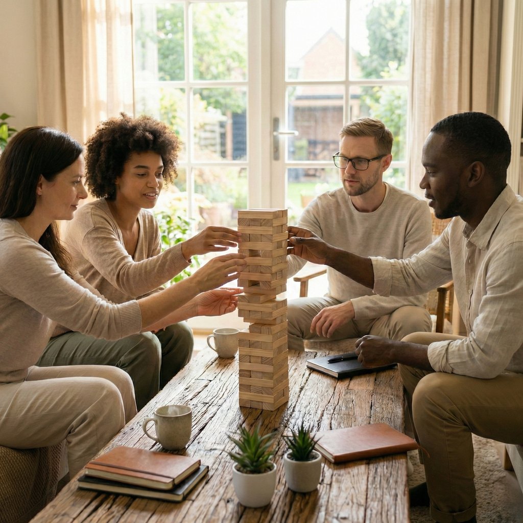 Innerloom Life Coaching: Friends playing giant Jenga, carefully balancing the tower to show stabilization and support.