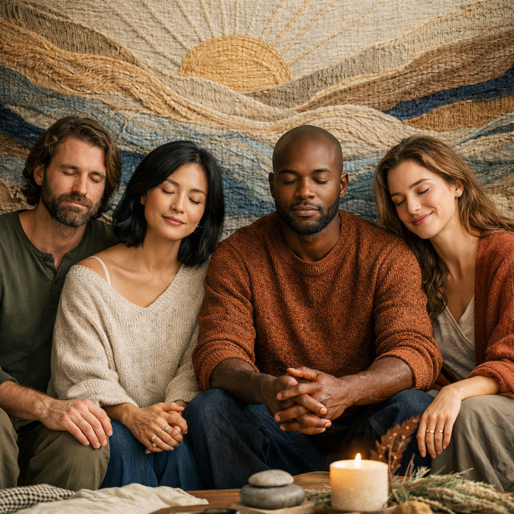 InnerLoom - A diverse group in their 30s sits calmly, reflecting inward growth as shared stories weave clarity and intention.