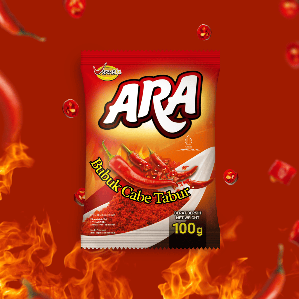 ARA  Bubuk Cabe Tabur 100g spicy chili flakes seasoning packet with red chili peppers and flames