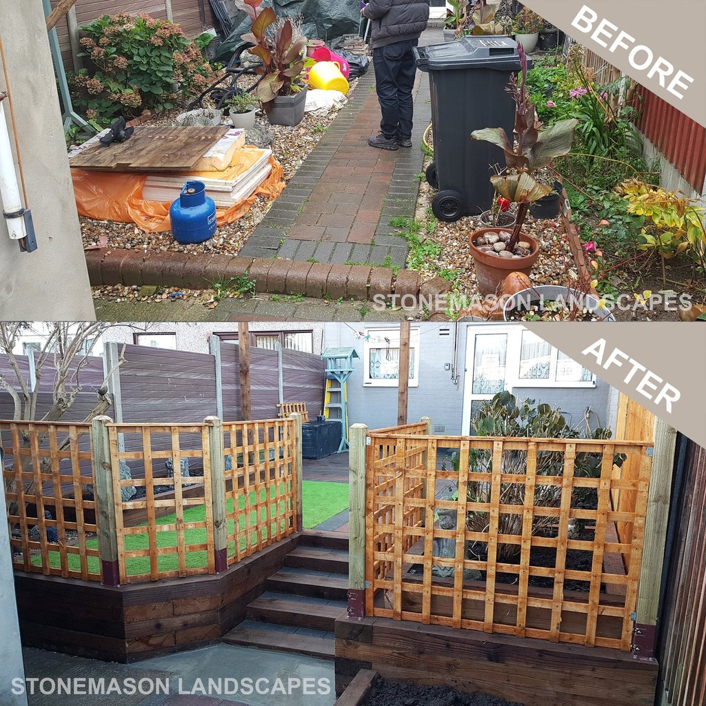 Before & After Garden Levelling Sleeper Retaining Wall Steps Planters Trellis Fence Artificial Grass
