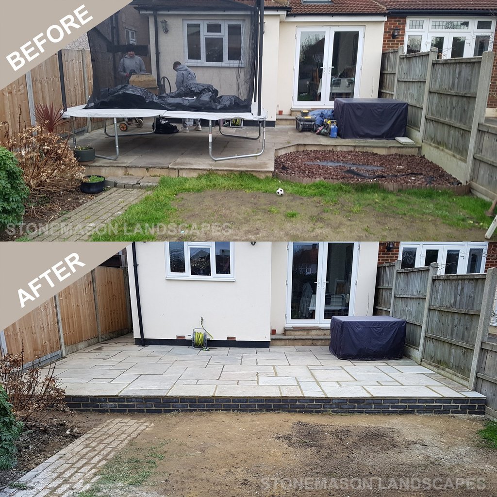 Small Grey Sandstone Patio Extension With Blue Perforated Bricks
