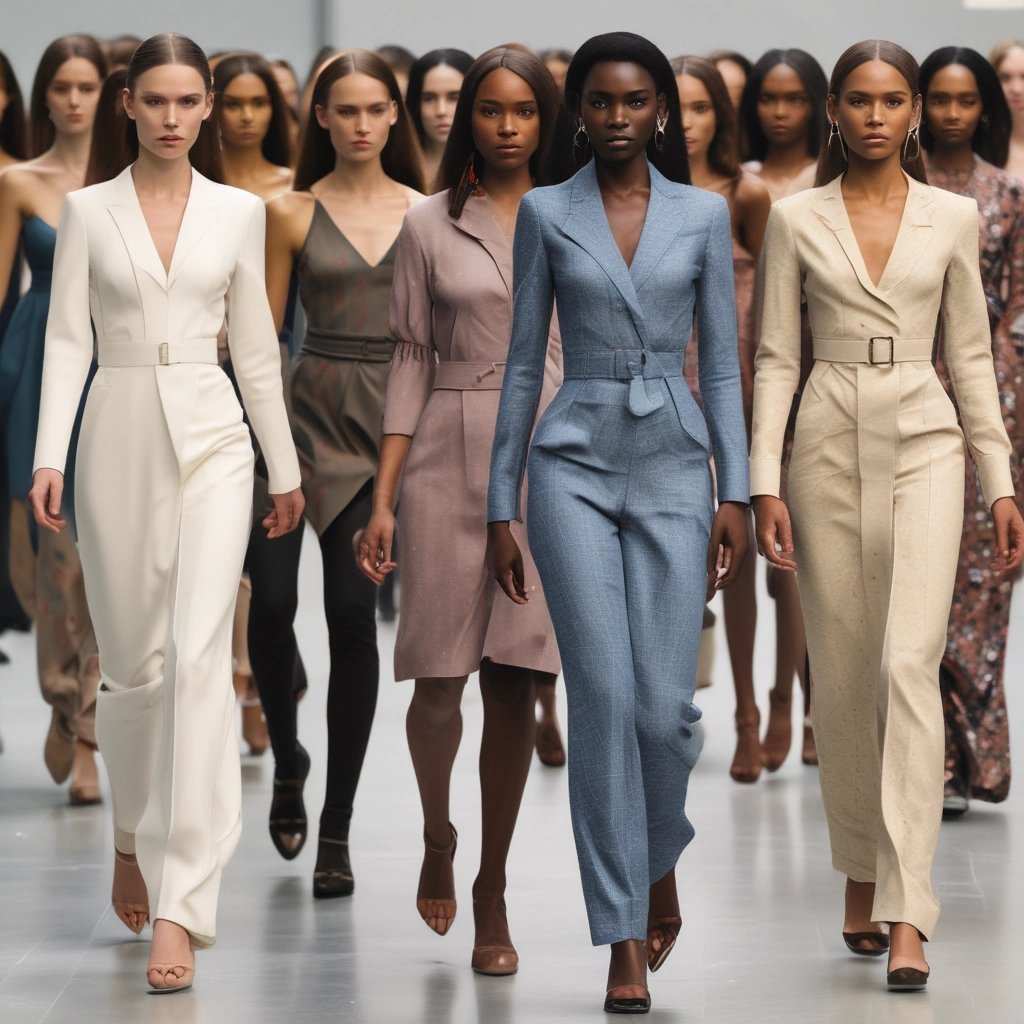 A group of young women practicing runway techniques together.
