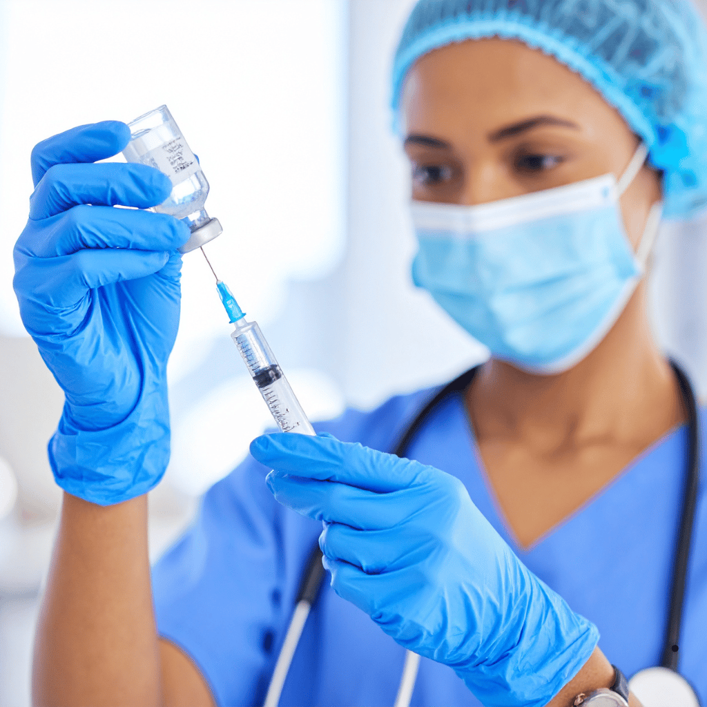 Profissional de saúde preparando vacina contra sarampo e poliomielite.