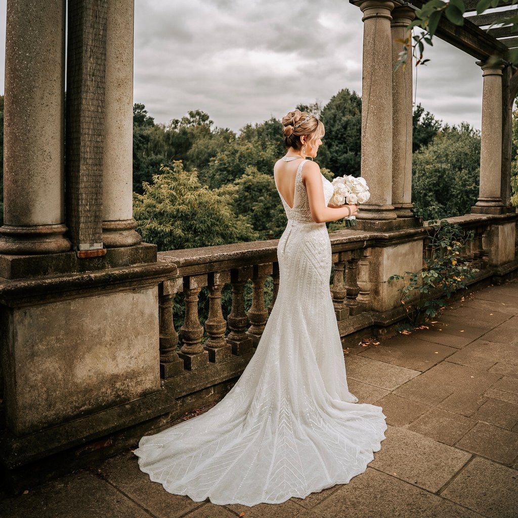 Bride holding a bouquet with her dress elegantly spread on the floor, wedding photography