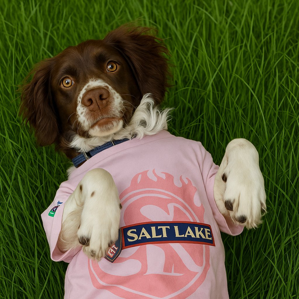 brittany spaniel in grass wearing pink shirt of real salt lake soccer team