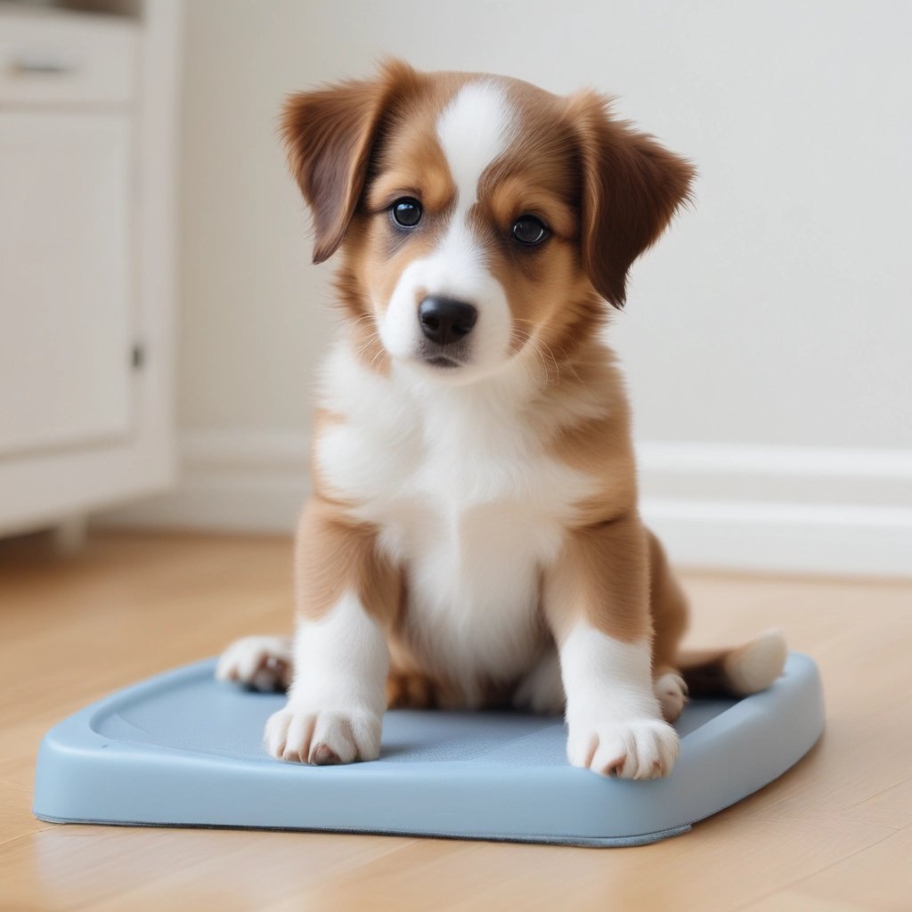 a small black and brown dog standing next to a pole