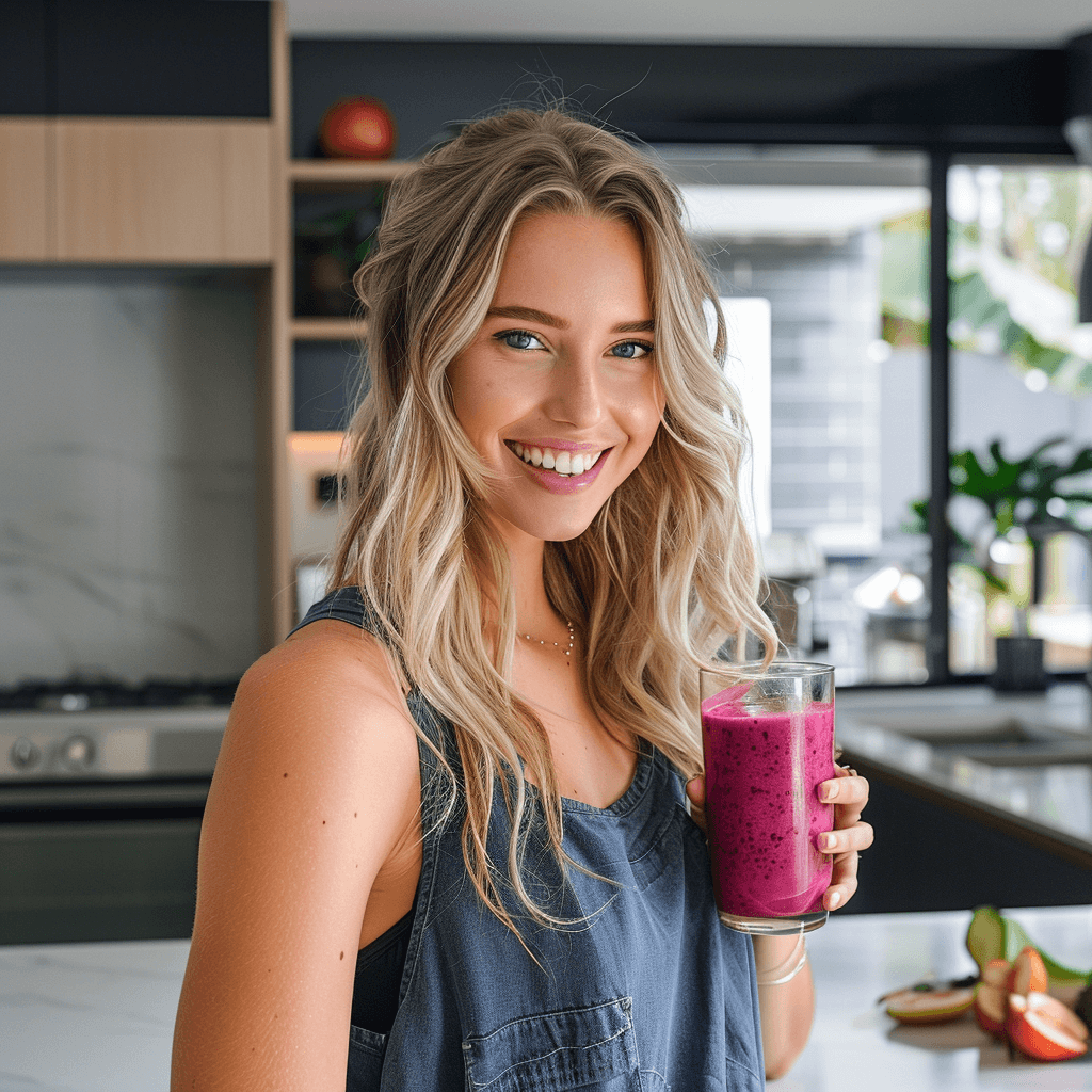 a woman holding a glass of fruit juice