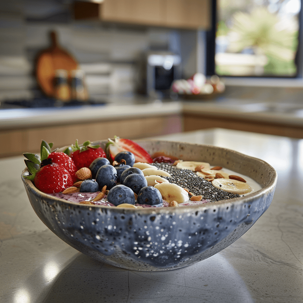 a bowl of fruit and nuts on a counter top