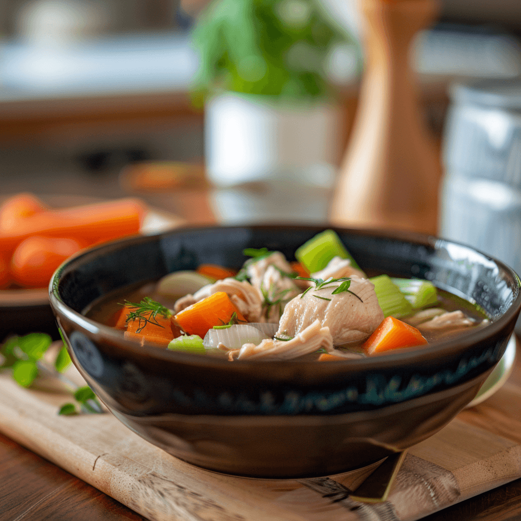 a bowl of soup with carrots and vegetables
