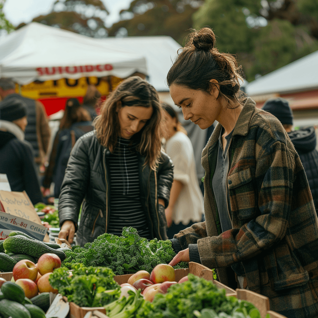 a woman is standing in front of a table with a variety of vegetables