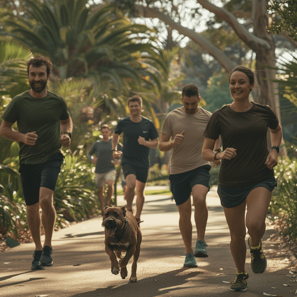 a man and woman running in a park