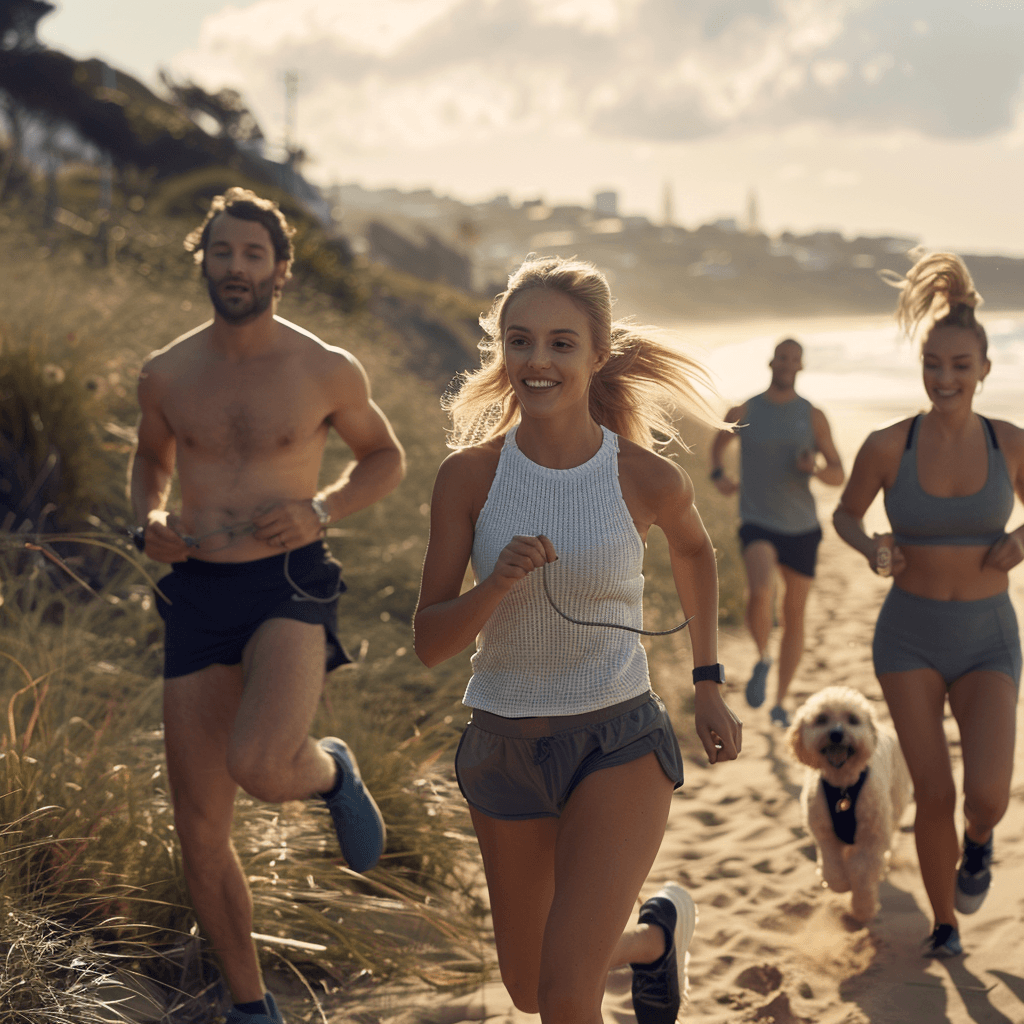 a group of people running on a beach
