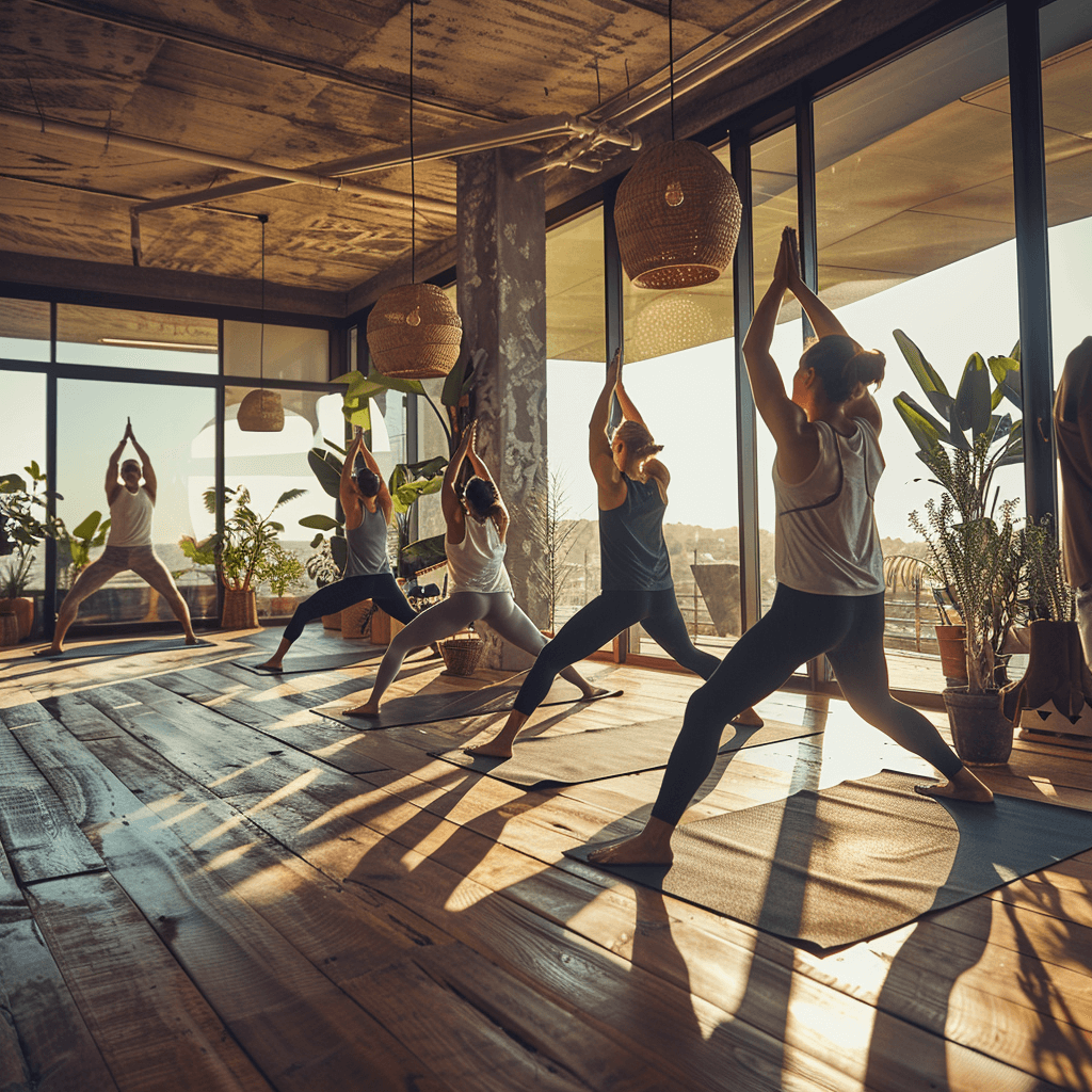 a group of people doing yoga in a room