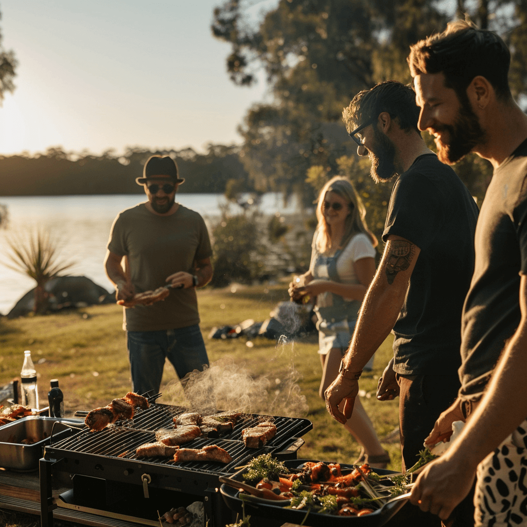 a group of people standing around a grill