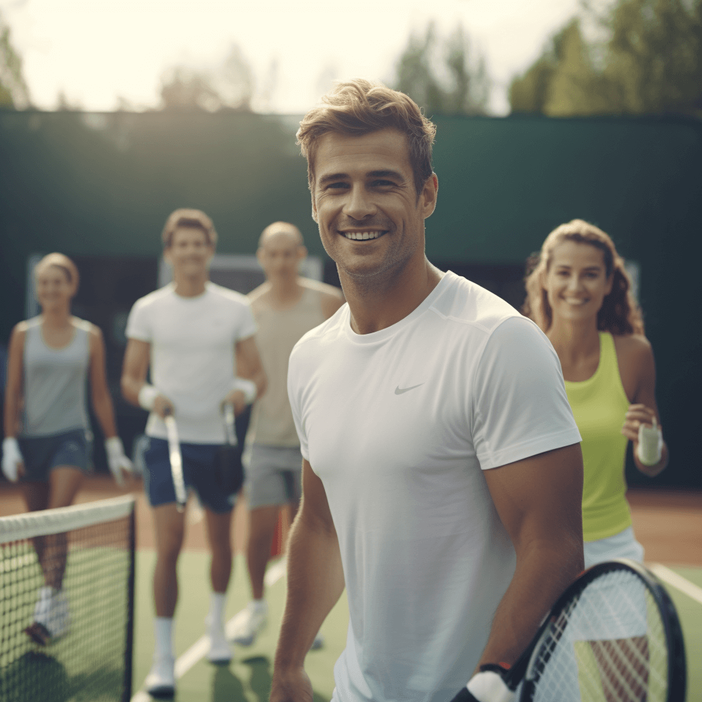 Group of men and women enjoying a game of tennis