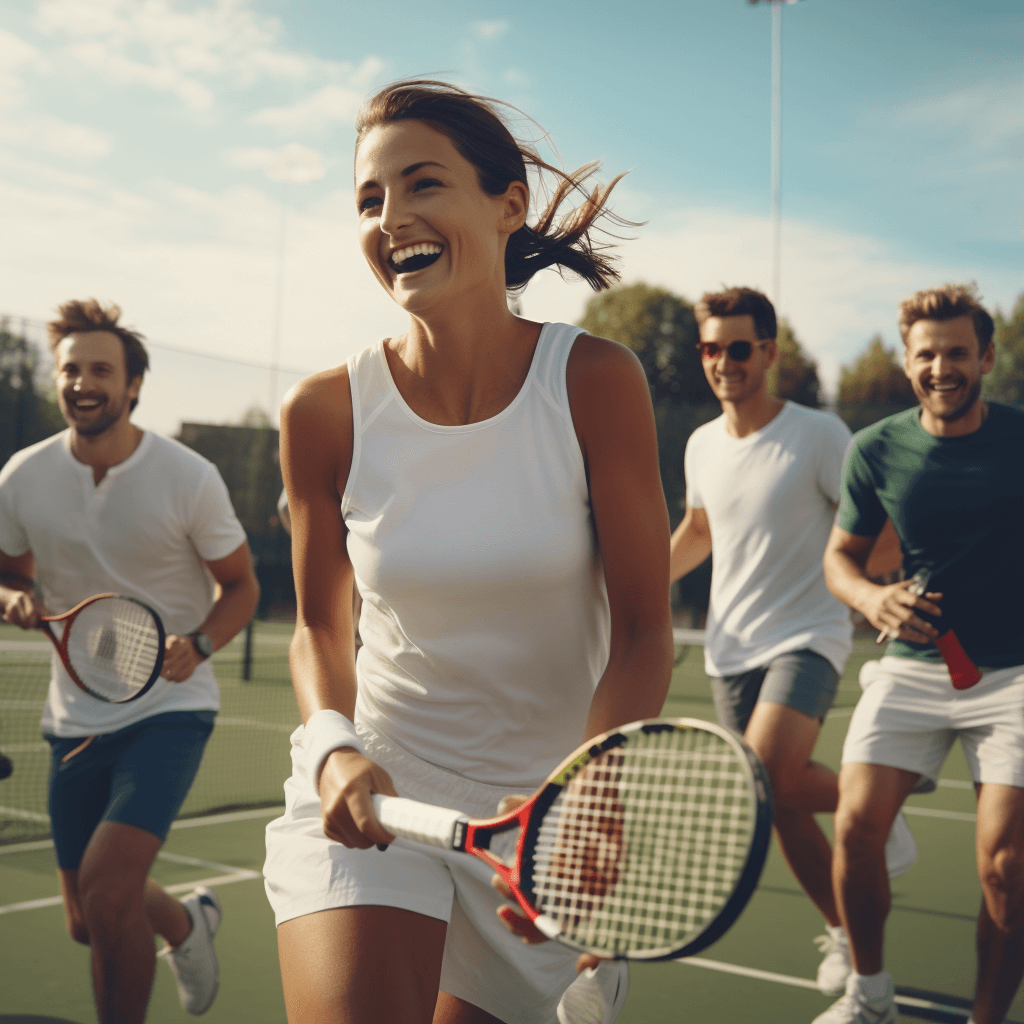 Group of men and women playing tennis