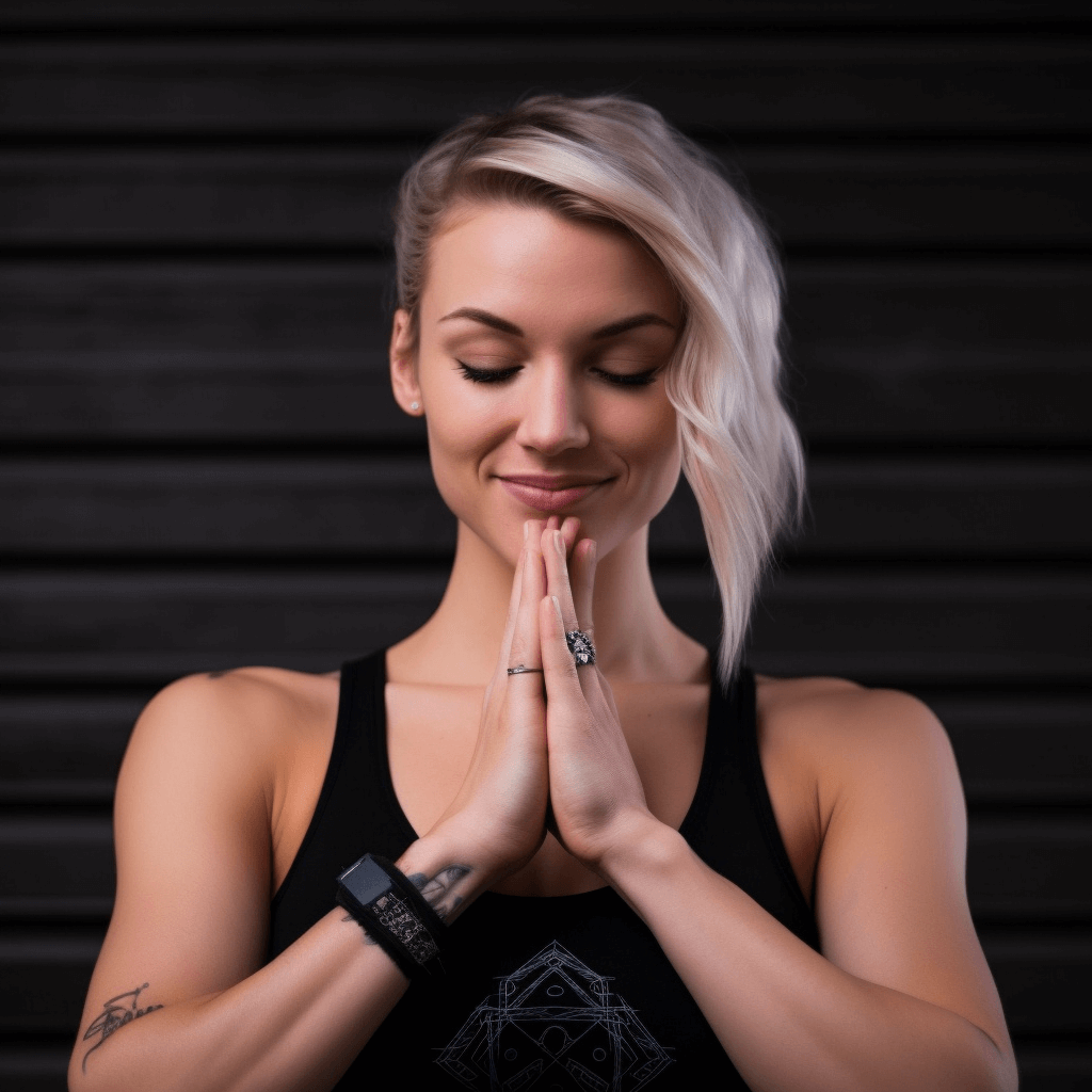 a woman with blonde hair and a black tank top meditating