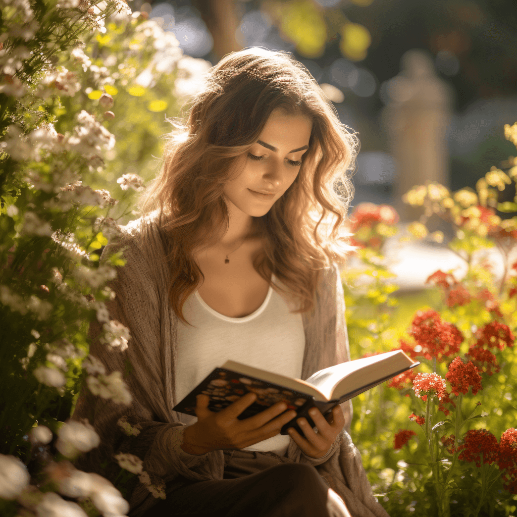 a woman sitting on a bench reading a book