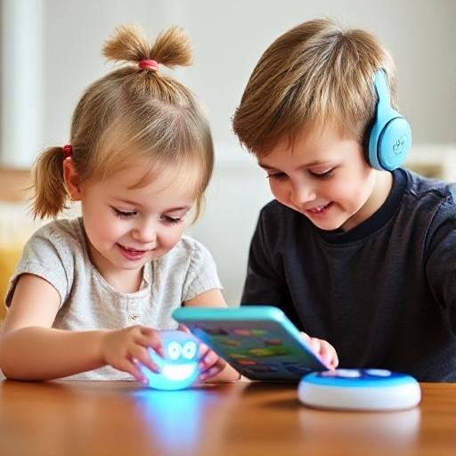 a boy and girl playing with a tablet