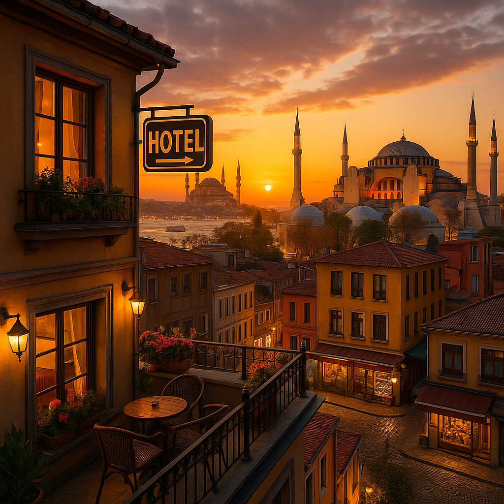 rooftop terrace of a boutique hotel in Istanbul, overlooking the Blue Mosque and Hagia Sophia at sunset, with cozy outdoor se