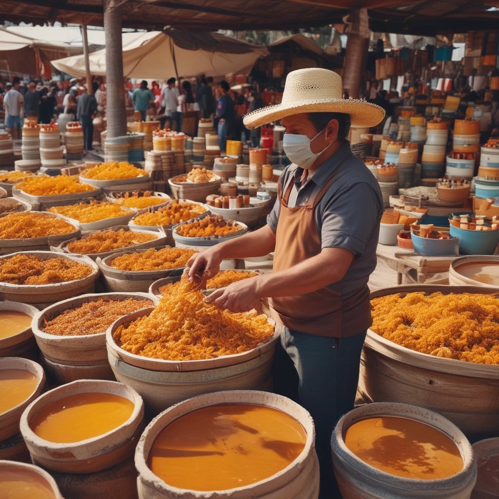 a man in a hat and a mask selling natural honey