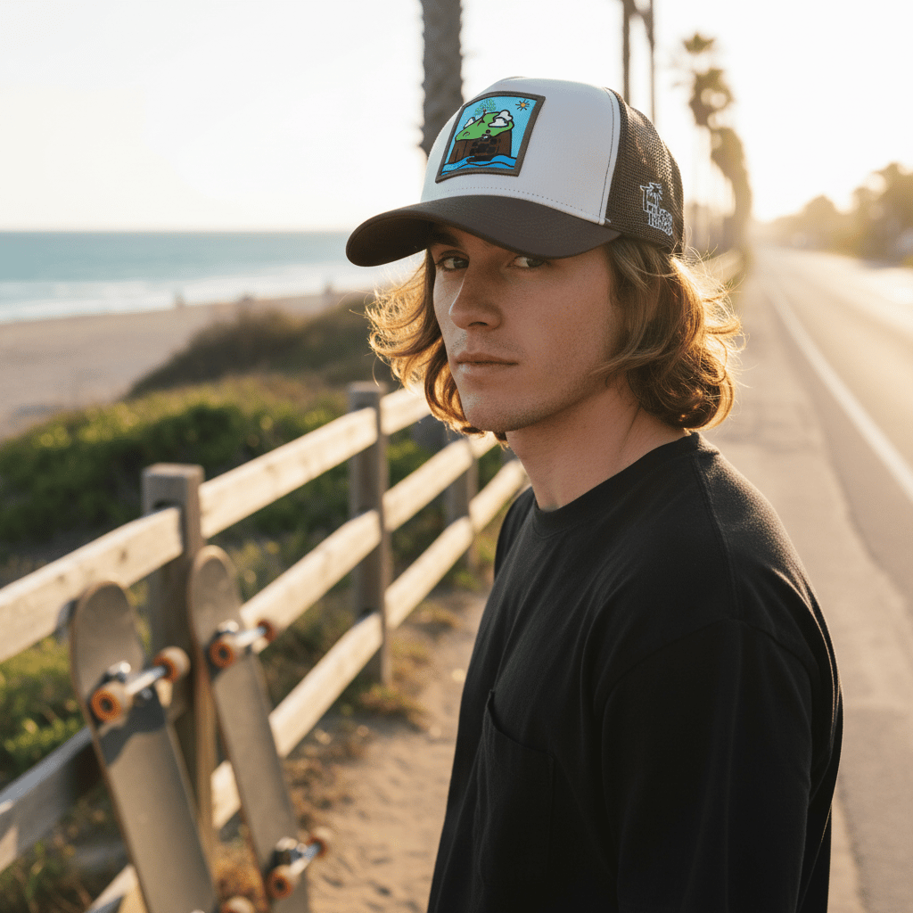 A young man with long hair wearing a custom trucker hat standing by skateboards at a sunny beach.