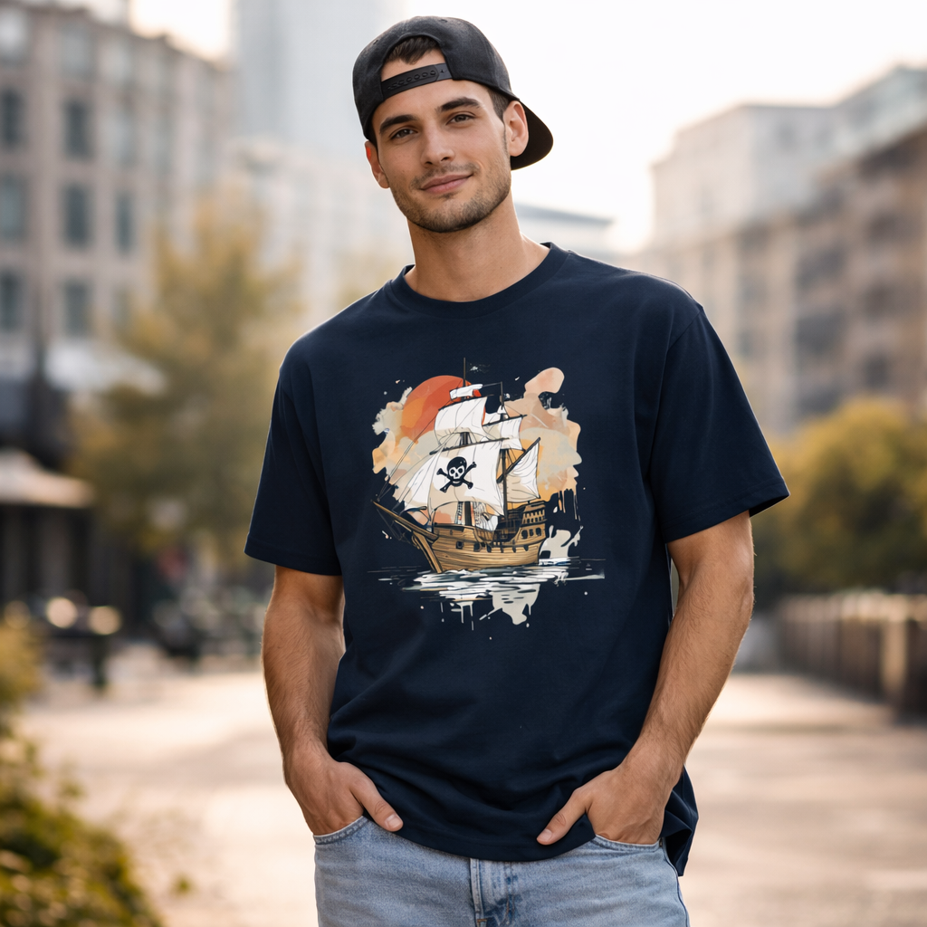 A man wearing a navy blue graphic t-shirt featuring a pirate ship illustration in a city setting.