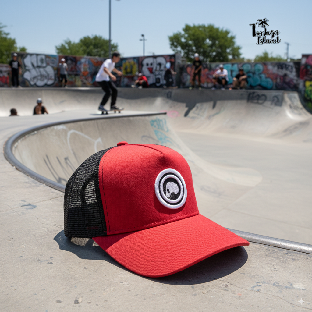 Red and black trucker hat with a skull logo sitting on a concrete skatepark bowl edge.